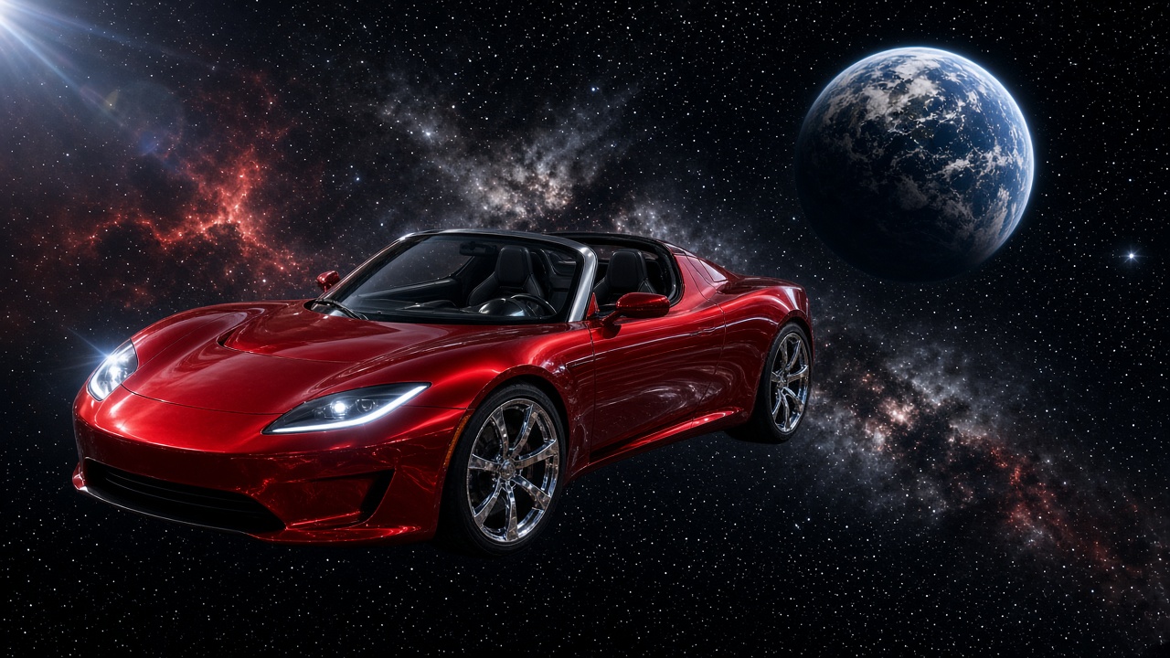 Red Tesla Roadster floating in deep space toward Earth