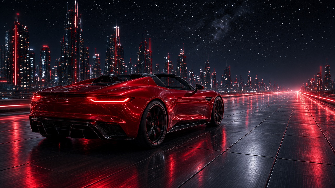 Red Tesla Roadster on a metallic cyber highway under the stars